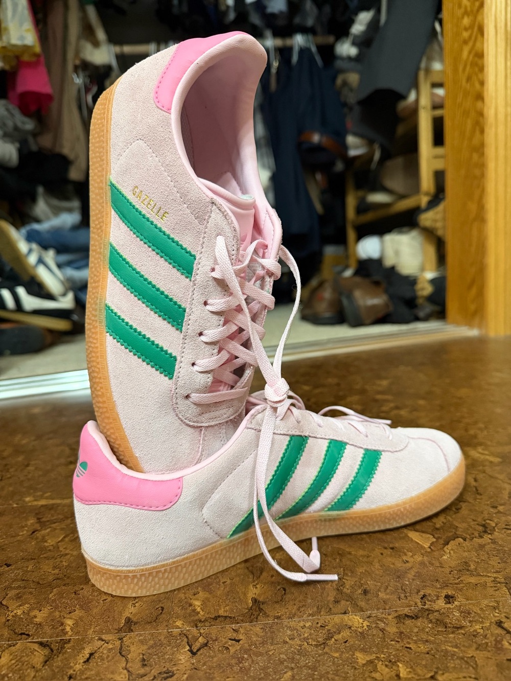 adidas Gazelle Pink with Green Stripes and Gum Sole - Picture 3 of 3